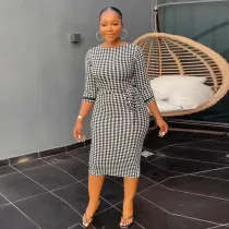 SC Black White Print 3/4 Sleeve Split Midi Dress SFY-2370