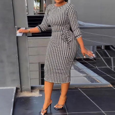 SC Black White Print 3/4 Sleeve Split Midi Dress SFY-2370