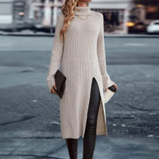 SC High Collar Sweater Solid Split Midi Dress GDAM-7201