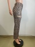 SC Leoparf Print Hollow Out Rhinestone Pants QODY-6049