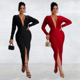 SC V Neck Long Sleeve Solid Split Maxi Dress GFYX-7118