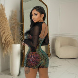 SC Sequin Deep V Neck Long Sleeve Romper BY-7055