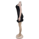 SC Sequin Feather Patchwork Sling Mini Dress BY-7076