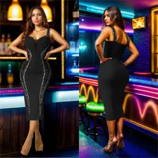 SC Sexy Sling Hot Drill Splicing Midi Dress GFYX-7070