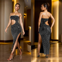 SC Hot Drill Wrap Chest Split Maxi Dress BY-7057