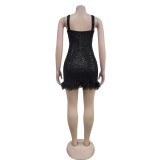 SC Sequin Feather Patchwork Sling Mini Dress BY-7076