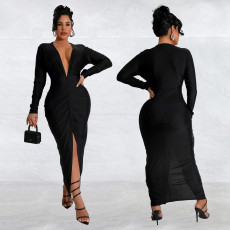 SC V Neck Long Sleeve Solid Split Maxi Dress GFYX-7118