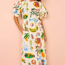 SC Plus Size Printed Bubble Sleeve Split Lace-Up Midi Dress GHHE-28067