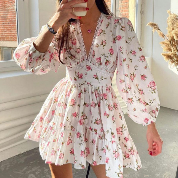 SC Plus Size Print V Neck Lace Mini Dress GHHE-8536