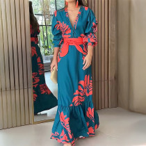 SC Plus Size V Neck Long Sleeve Tie Up Maxi Dress GHHE-28748