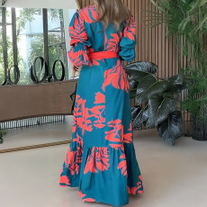 SC Plus Size V Neck Long Sleeve Tie Up Maxi Dress GHHE-28748