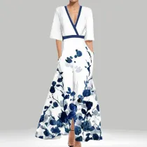 SC Plus Size V Neck Print Half Sleeve Maxi Dress GHHE-28480