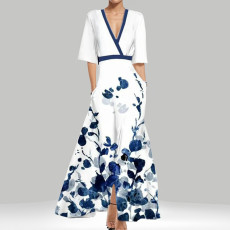 SC Plus Size V Neck Print Half Sleeve Maxi Dress GHHE-28480