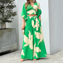 SC Plus Size V-Neck Lantern Sleeve Crop Top Wide Leg Pants Set GHHE-86478