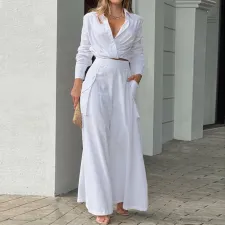 SC Plus Size Solid Color Shirt Wide Leg Pants Suit GHHE-8777