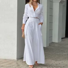 SC Plus Size Solid Color Shirt Wide Leg Pants Suit GHHE-8777