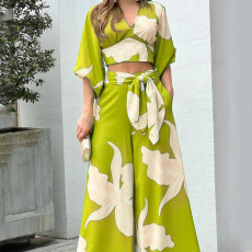 SC Plus Size V-Neck Lantern Sleeve Crop Top Wide Leg Pants Set GHHE-86478