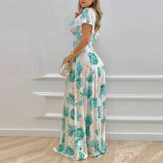 SC Plus Size Print V Neck Big Swing Maxi Dress GHHE-9040