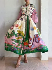 SC Plus Size Lantern Sleeve Printed Lapel Long Dress GHHE-24761