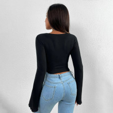 SC V Neck Flare Sleeve Irregular T Shirt GYSQ-WCCF1710