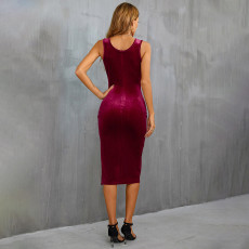 SC Square Neck Split Velour Midi Dress GYSQ-CDCG2310