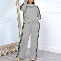 SC High Collar Stripe Hooded Sweatshirt Two Piece Pant Set NY-10952