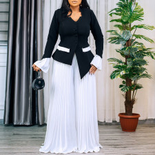 SC Plus Size Flare Sleeve Press Pleated Wide Leg Pants Suit GATE-553