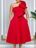 SC Plus Size Solid Color Slash Shoulder Midi Dress(Without Belt) GCZF-8607