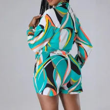 SC Plus Size Colorful Print Shirt Two Piece Shorts Set SFY-3005