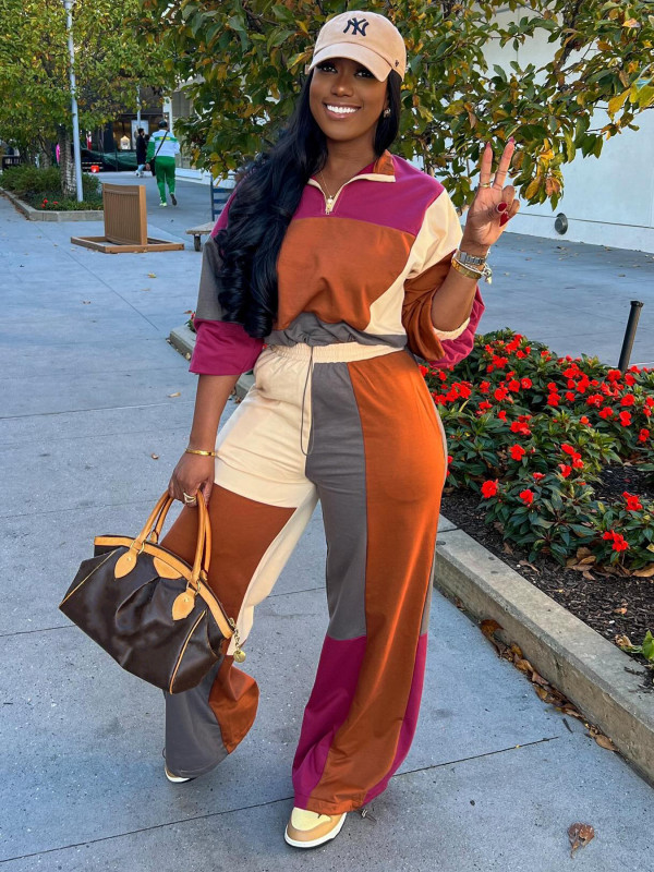 SC Color Block Long Sleeve Zipper Patchwork Pant Suit CH-24067