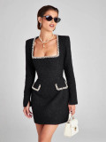SC U-neck Long Sleeve Diamond-studded Mini Dress OD-8722