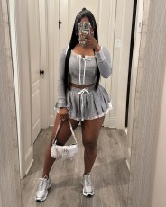 SC Pre Order: About 7 work days shipping Lace Patchwork Hooded Tops And Skirt Suit YUEM-500508
