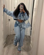 SC Casual Color Block Denim 2 Piece Pants Set TR-1319