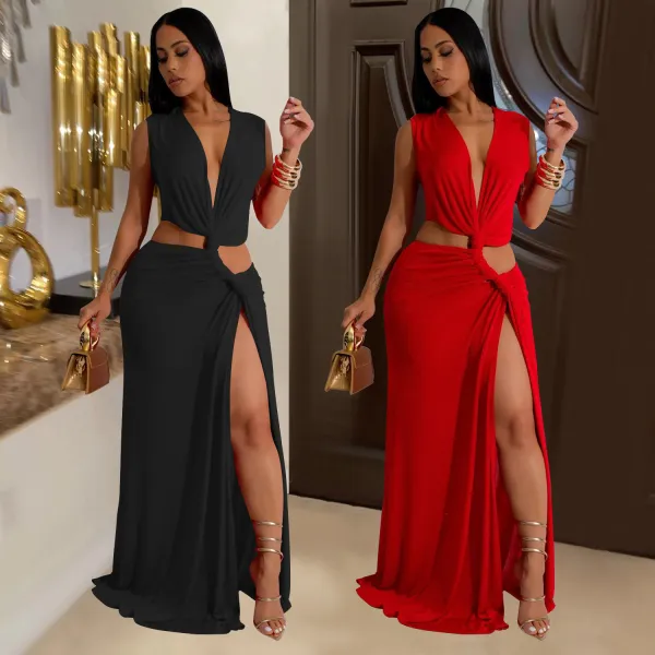SC Deep V Neck Sleeveless Split Maxi Dress GFYX-7062