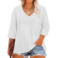 SC Plus Size Casual Sequin V Neck T Shirt GOSD-1554
