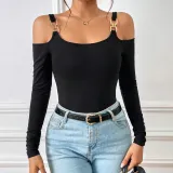 SC Metallic Hook Long Sleeve Off Shoulder Knit Top GYSQ-CTDI0870