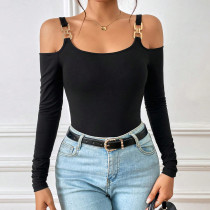SC Metallic Hook Long Sleeve Off Shoulder Knit Top GYSQ-CTDI0870