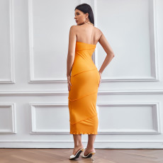 SC Solid Color Wrap Chest Slim Midi Dress GYSQ-CDCJ0610
