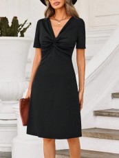 SC V Neck Pleated Solid Midi Dress GYSQ-XDEC2720