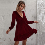 SC Deep V Neck Bubble Sleeve Velour Ruffles Dress GYSQ-SY200808DR01
