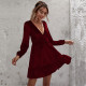 SC Deep V Neck Bubble Sleeve Velour Ruffles Dress GYSQ-SY200808DR01