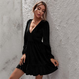 SC Deep V Neck Bubble Sleeve Velour Ruffles Dress GYSQ-SY200808DR01