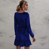 SC Deep V Neck Bubble Sleeve Velour Ruffles Dress GYSQ-SY200808DR01
