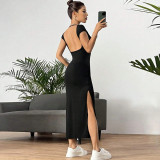 SC Backless Solid Color Knits Split Midi Dress GYSQ-CDEA2420