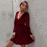 SC Deep V Neck Bubble Sleeve Velour Ruffles Dress GYSQ-SY200808DR01