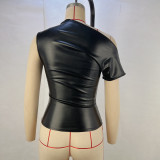 SC Slash Shoulder Patchwork PU Leather Top GPBY-15721