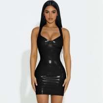 SC V Neck PU Leather Mini Dress GPBY-14417