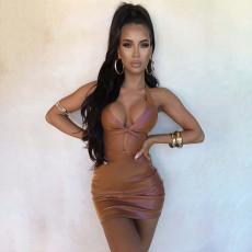 SC Sexy Hollow Out Halterneck PU Mini Dress GPBY-2063