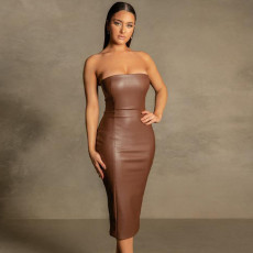 SC Sexy Wrap Chest PU Leather Split Midi Dress GPBY-1481
