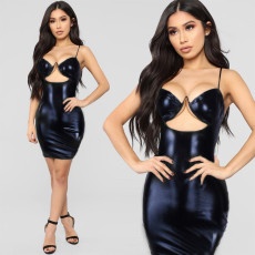SC Sexy V Neck Sling PU Leather Mini Dress GPBY-1437